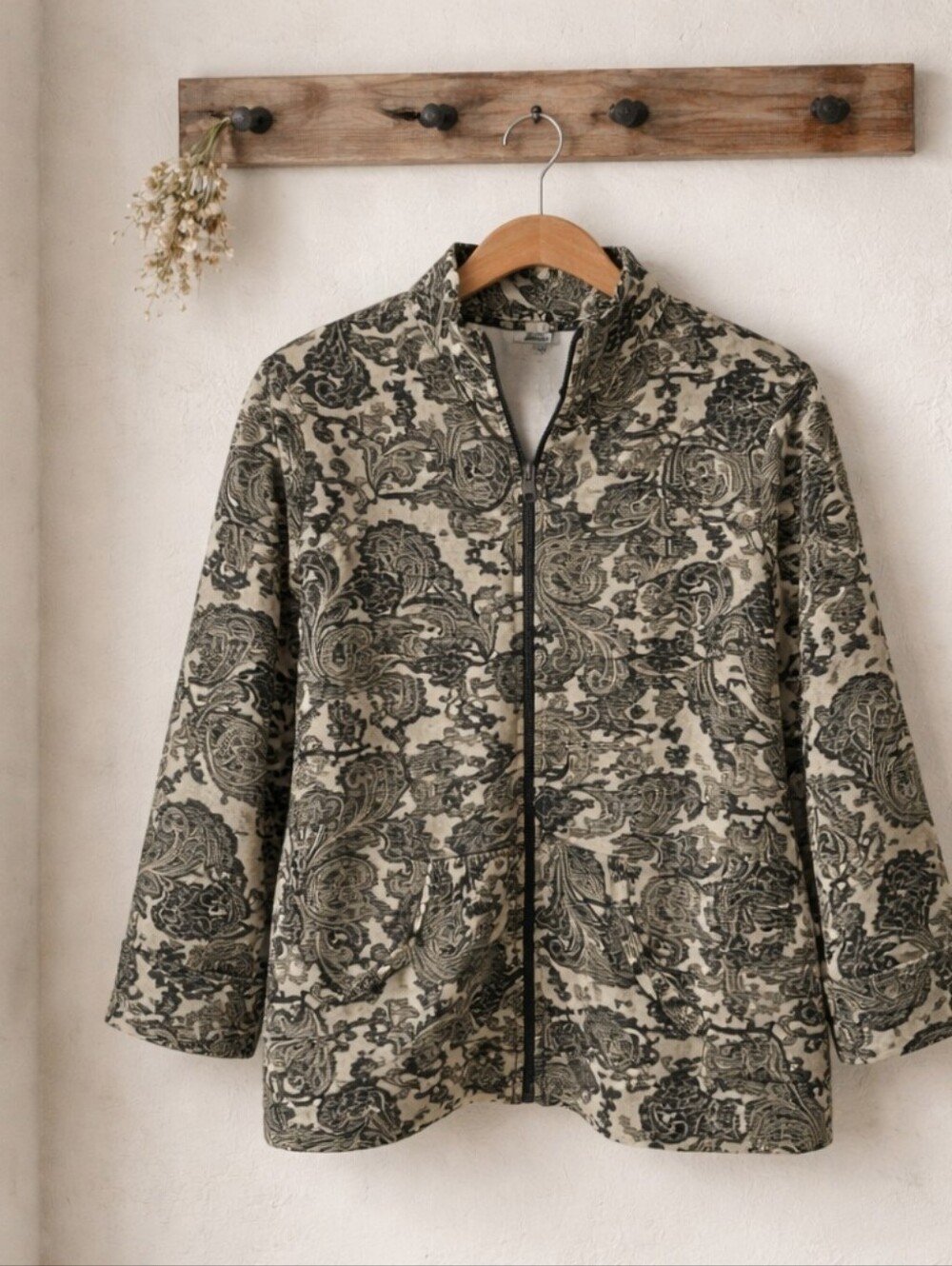 KimRogers Paisley  Knit Zip-Front Jacket - Beige & Black